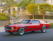 MST 01 RK1362 01
1970 Ford Mustang Boss 302 Red With Black Stripe 3/4 Side View On Pavement By House