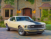 MST 01 RK1364 01
1970 Ford Mustang Mach 1 428 SCJ Light Yellow With Black Stripe 3/4 Front View On Brick By House