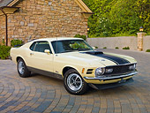 MST 01 RK1365 01
1970 Ford Mustang Mach 1 428 SCJ Light Yellow With Black Stripe 3/4 Front View On Brick By House