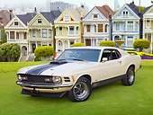 MST 01 RK1366 01
1970 Ford Mustang Mach 1 428 SCJ Light Yellow With Black Stripe 3/4 Front View On Grass By Trees