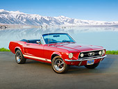 MST 01 RK1385 01
1967 Ford Mustang GTA Convertible Red 3/4 Front View On Pavement By Water And Snowy Mountain Peaks