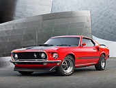 MST 01 RK1423 01
1969 Ford Mustang Mach I Red And Black 3/4 Front View On Pavement By Metal Structure