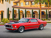 MST 01 RK1427 01
1969 Ford Mustang Mach I Red And Black 3/4 Front View On Pavement By Building