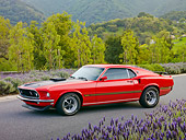 MST 01 RK1431 01
1969 Ford Mustang Mach I Red And Black 3/4 Side View On Pavement By Trees