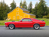 MST 01 RK1434 01
1969 Ford Mustang Mach I Red And Black Profile View On Pavement By Yellow Barn