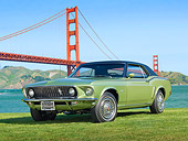 MST 01 RK1445 01
1969 Ford Mustang Grande Lime Gold 3/4 Front View On Grass By Golden Gate Bridge