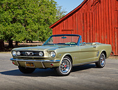 MST 01 RK1499 01
1966 Ford Mustang Convertible Sauterne Gold 3/4 Front View On Pavement By Red Barn