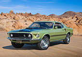 MST 01 RK1510 01
1969 Ford Mustang Mach 1 Lime Gold 3/4 Front View On Pavement In Desert