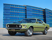 MST 01 RK1511 01
1969 Ford Mustang Mach 1 Lime Gold 3/4 Front View On Concrete By Glass Building