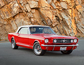 MST 01 RK1549 01
1965 Ford Mustang GT Covertible Red With White Top 3/4 Front View On Pavement By Rock Wall
