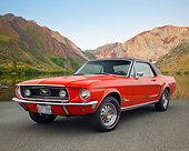 MST 01 RK1586 01
1968 Ford Mustang Coupe Flower Power Red 3/4 Front View On Pavement By Lake And Mountains