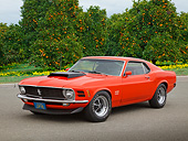 MST 01 RK1599 01
1970 Ford Mustang Boss 429 Calypso Coral 3/4 Front View On Pavement By Orange Trees