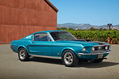 MST 01 RK1626 01
1968 Ford Mustang Fastback Aqua Blue 3/4 Front View On Pavement By Vineyard
