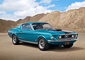 MST 01 RK1627 01
1968 Ford Mustang Fastback Aqua Blue 3/4 Front View On Gravel By Dirt Hill