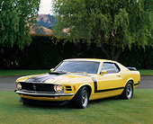 MST 01 RK0080 13
1970 Ford Mustang Boss 302 Yellow Black Stripe 3/4 Front View On Grass Headlights On