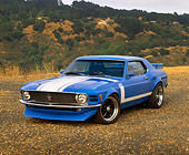 MST 01 RK0446 04
1970 Ford Mustang Trans Am Coupe Blue 3/4 Front View On Dirt By Hills