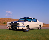 MST 01 RK0531 06
1965 Ford Mustang GT350 White Blue Stripe 3/4 Front View On Grass Dry Grass Hill Blue Sky