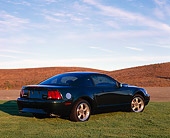 MST 01 RK0545 01
2001 Ford Mustang Bullitt Green 3/4 Rear View On Grass Hills Blue Sky