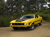 MST 01 RK0930 01
1972 Ford Mustang Mach 1 429 Ram Air Yellow Low 3/4 Front View On Dirt Trees Background