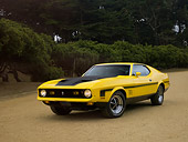 MST 01 RK0931 01
1972 Ford Mustang Mach 1 429 Ram Air Yellow Low 3/4 Front View On Dirt Trees Background