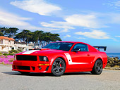 MST 01 RK1042 01
2008 Roush Ford Mustang 427R Trak Pak Red 3/4 Front View By Trees Water Building