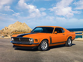 MST 01 RK1103 01
1970 Ford Boss 302 Mustang Orange With Black Stripe 3/4 Front View By Ocean