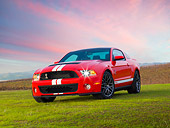 MST 03 RK0912 01
2011 Shelby Ford Mustang GT500 SVT Red With White Stripes 3/4 Front View On Grass At Dusk