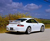 POR 04 RK0625 01
2005 Porsche 911 GT3 Coupe White 3/4 Rear View On Pavement By Yellow Flower Bush