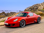 POR 04 RK0703 01
2007 Porsche RUF RK Coupe Red 3/4 Side View On Pavement By Ocean And Rocks