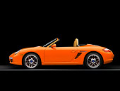 POR 04 RK0729 01
2005 Porsche Boxster S Convertible Orange Blue Stripes Profile View Studio