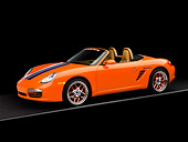 POR 04 RK0730 02
2005 Porsche Boxster S Convertible Orange Blue Stripes 3/4 Side View Studio