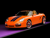 POR 04 RK0731 02
2005 Porsche Boxster S Convertible Orange Blue Stripes 3/4 Front View Studio