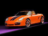 POR 04 RK0732 01
2005 Porsche Boxster S Convertible Orange Blue Stripes 3/4 Front View Studio