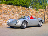 POR 06 RK0027 01
1955 Porsche 550 Spyder Silver 3/4 Front View On Pavement By Stone Wall