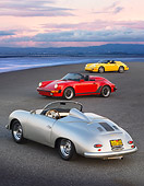 POR 07 RK0124 01
1957, 1989, 1994 Porsche Speedster Convertibles Silver, Red, Yellow 3/4 Rear And Front View On Pavement