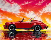 POR 07 RK0068 01
1989 Porsche 911 Speedster Convertible Red Side View With Surfboard On Mylar Floor Red Clouds