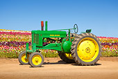 TRA 01 RK0175 01
1949 John Deere A Green And Yellow Profile View On Dirt By Field Of Flowers