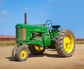 TRA 01 RK0177 01
1953 John Deere 60 Green And Yellow 3/4 Front View On Dirt By Field Of Flowers