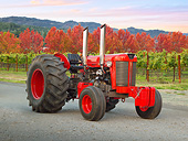 TRA 01 RK0247 01
1958 Massey Ferguson 85 Tractor Red 3/4 Front View On Pavement Vineyard And Autumn Trees