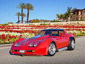 VET 01 RK1014 01
1982 Don Harr Chevrolet Corvette Red 3/4 Front View On Pavement By Field Of Flowers And House