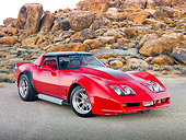 VET 01 RK1015 01
1982 Don Harr Chevrolet Corvette Red 3/4 Front View On Pavement By Rocks