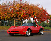 VET 01 RK0423 03
1982 Chevrolet Corvette Road Racer Red Low 3/4 Front View On Pavement By Fall Colored Trees