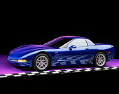 VET 01 RK0540 03
2002 Chevrolet Corvette Z06 Hardtop Blue 3/4 Side View On Purple Floor Checkered Line Studio