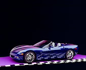 VET 01 RK0695 06
2005 Chevrolet Corvette C6 Convertible Blue 3/4 Side View On Purple Floor Checkered Line Studio