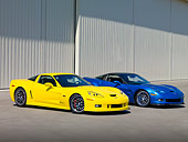 VET 01 RK0900 01
2008 Pratt & Miller Chevrolet Corvette C6RS Coupe Yellow And Corvette 2009 Chevrolet Corvette ZR1 Coupe Blue 3/4 Front View On Pavement