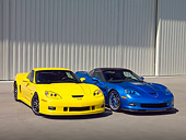 VET 01 RK0901 01
2008 Pratt & Miller Chevrolet Corvette C6RS Coupe Yellow And Corvette 2009 Chevrolet Corvette ZR1 Coupe Blue 3/4 Front View On Pavement