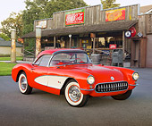 VET 02 RK0359 01
1956 Chevrolet Corvette Red And White 3/4 Front View On Pavement By General Store