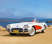 VET 02 RK0369 01
1958 Chevrolet Corvette White With Red Coves 3/4 Front View On Sand By Ocean