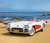 VET 02 RK0370 01
1958 Chevrolet Corvette White With Red Coves 3/4 Front View On Sand By Ocean