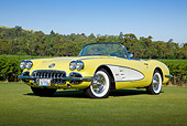 VET 02 RK0378 01
1958 Chevrolet Corvette Convertible Panama Yellow And White 3/4 Front View On Grass By Trees